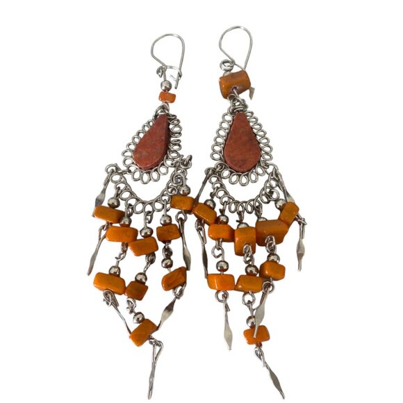 Peruvian orange stone handmade wire earrings carnelian boho tribal kinetic - Picture 3 of 5